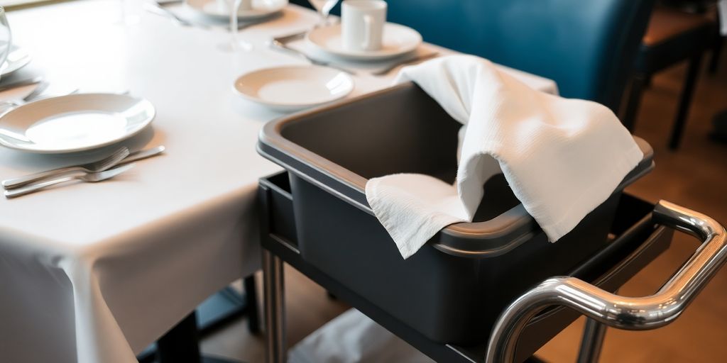 Table setting with bus tub and cleaning cloth.