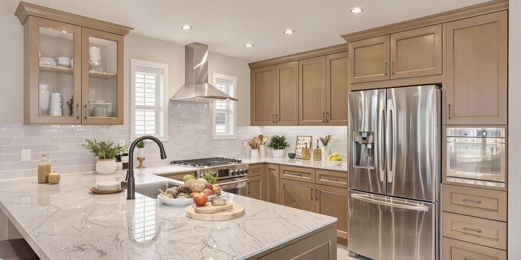 Restored kitchen with modern appliances and elegant cabinetry.