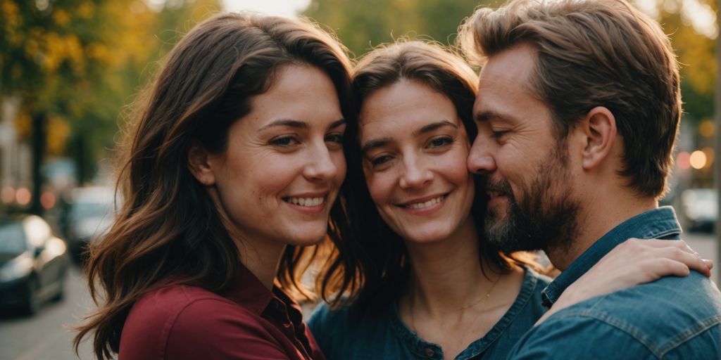 Polyamorous couple smiling and embracing, showing relationship success.