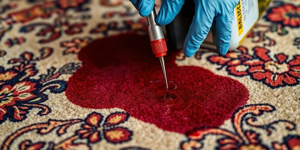 Professional cleaning deep stains from an ornate carpet.