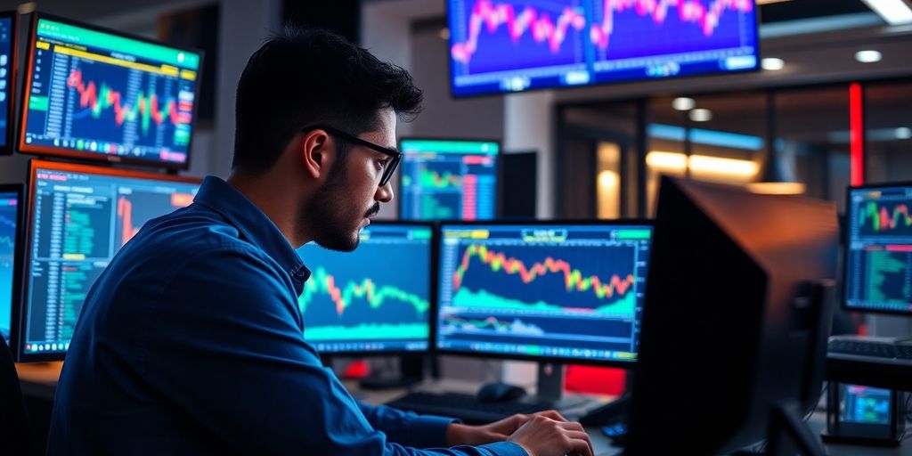 Trader analyzing forex data on multiple screens.