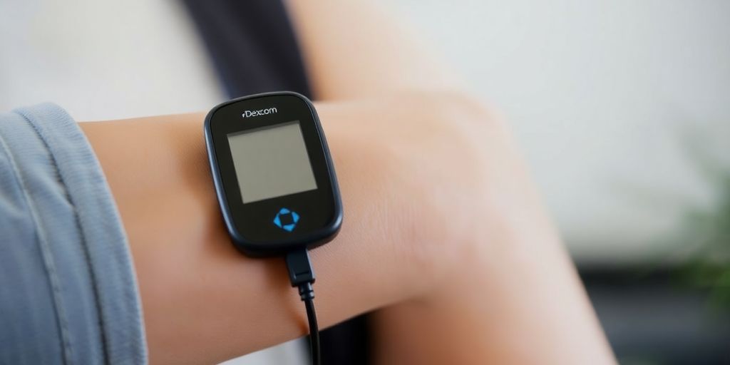 Dexcom glucose monitor attached to an arm.