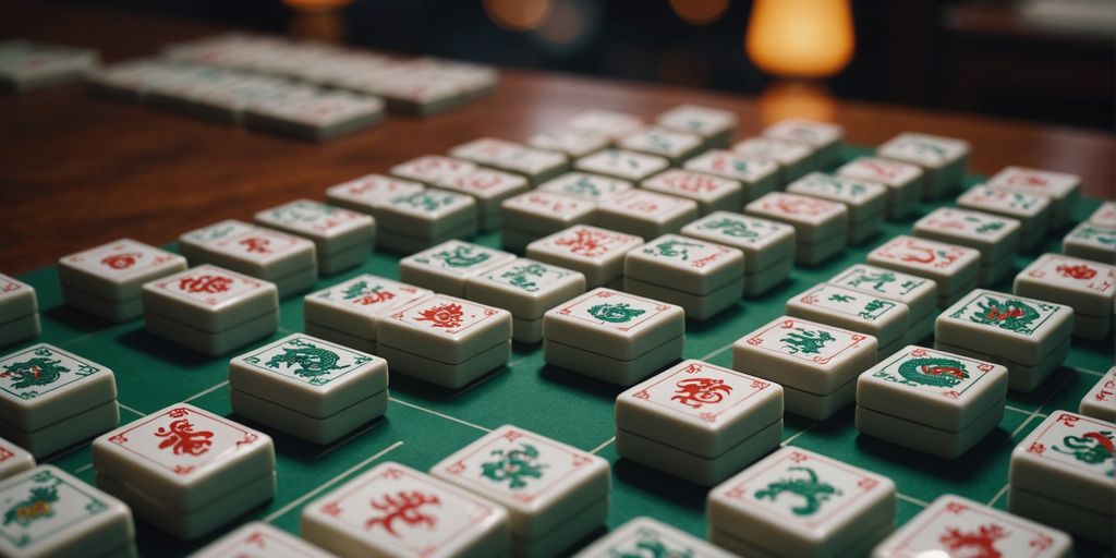 Close-up of Mahjong dragon tiles in play.