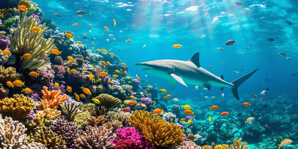 Colourful coral reef with fish and a shark.