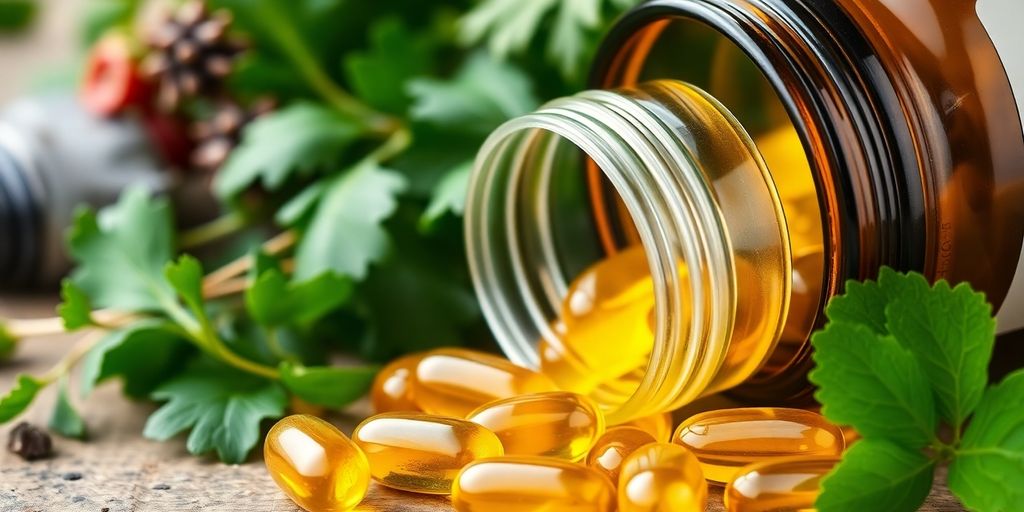 Fish oil capsules and fresh herbs on a wooden surface.