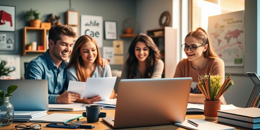 Team collaborating on business website and marketing strategy.