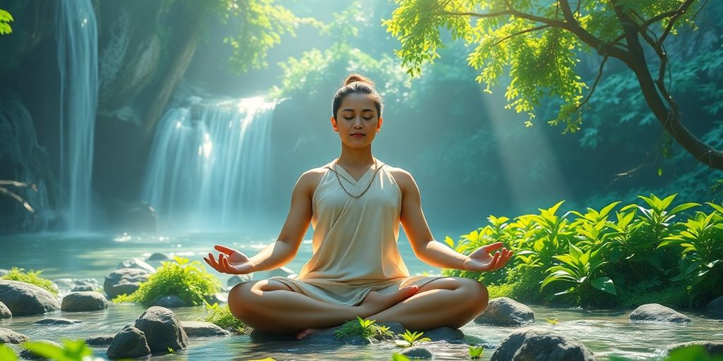 Person meditating in nature, surrounded by greenery and water.