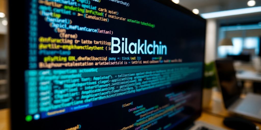 Mastering Blockchain in Python: A Comprehensive Guide to Building Secure Applications 3 Computer screen with blockchain code in a modern workspace.