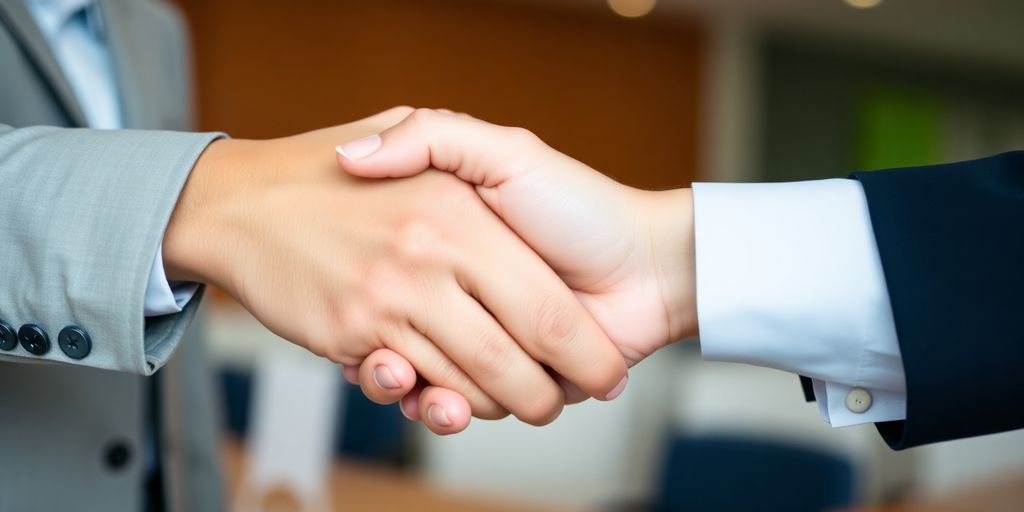 Business professionals shaking hands over a contract.