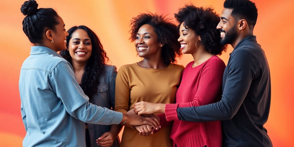 Diverse people embracing, vibrant colors swirling.