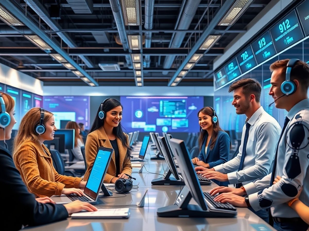 Futuristic customer service center with AI agents and technology.