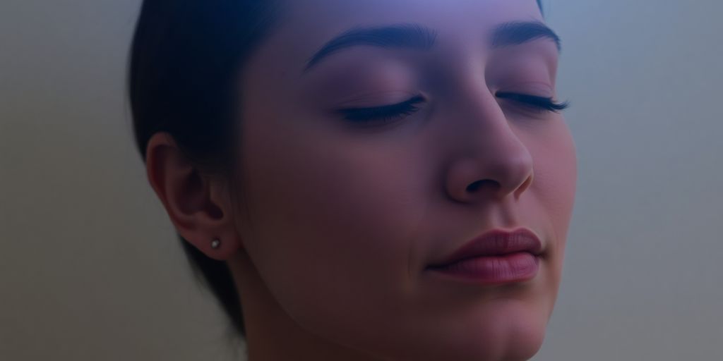 Person with relaxed expression and light flowing around head.