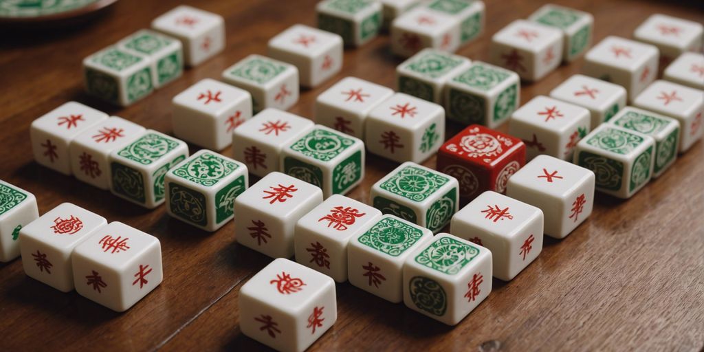 Traditional Mahjong set with Honor tiles: Red Dragon, Green Dragon, and White Dragon, arranged on a wooden table.