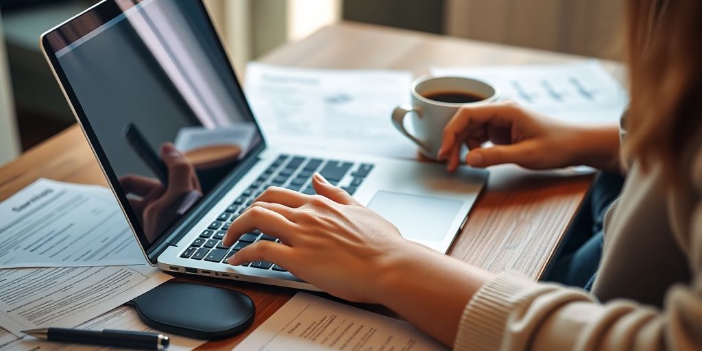 Person working on surveys with a laptop and coffee.