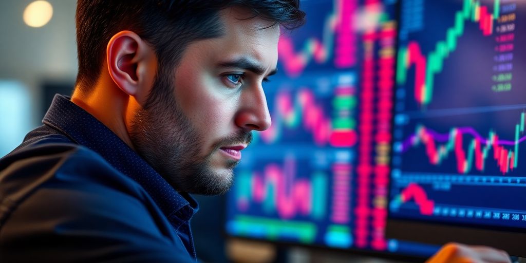 Trader analyzing stock data on a computer screen.