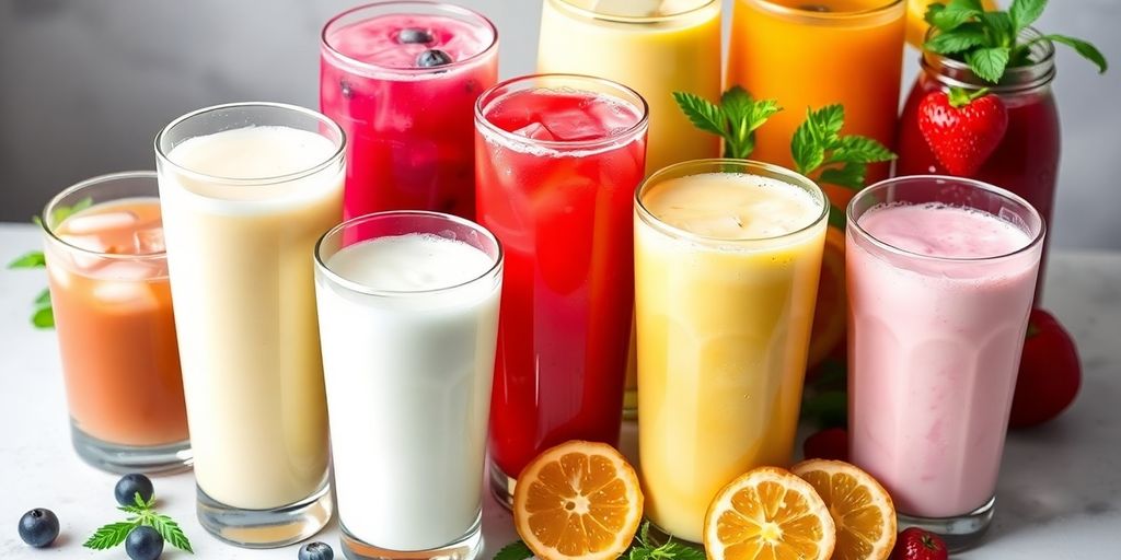 Colorful array of probiotic-rich fermented beverages in glasses.