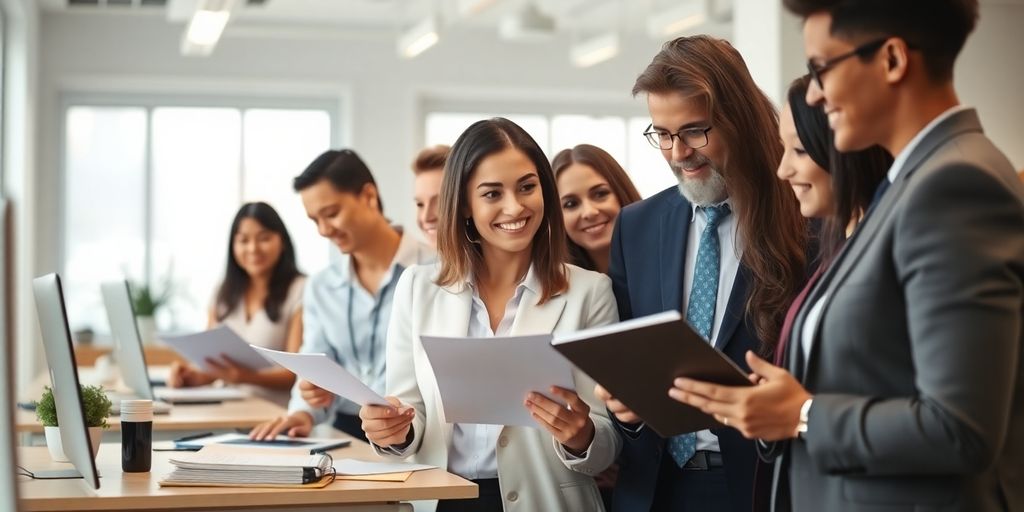 Diverse professional bookkeepers collaborating in a modern office.