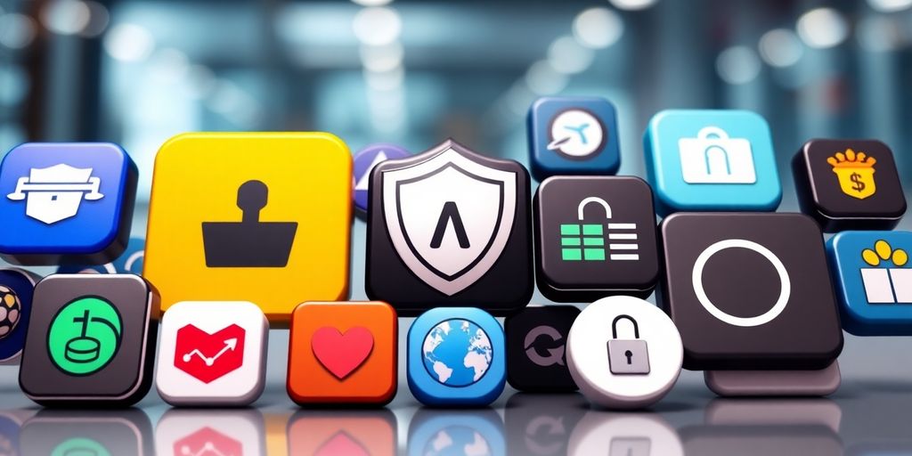Variety of web security app icons on a modern background.