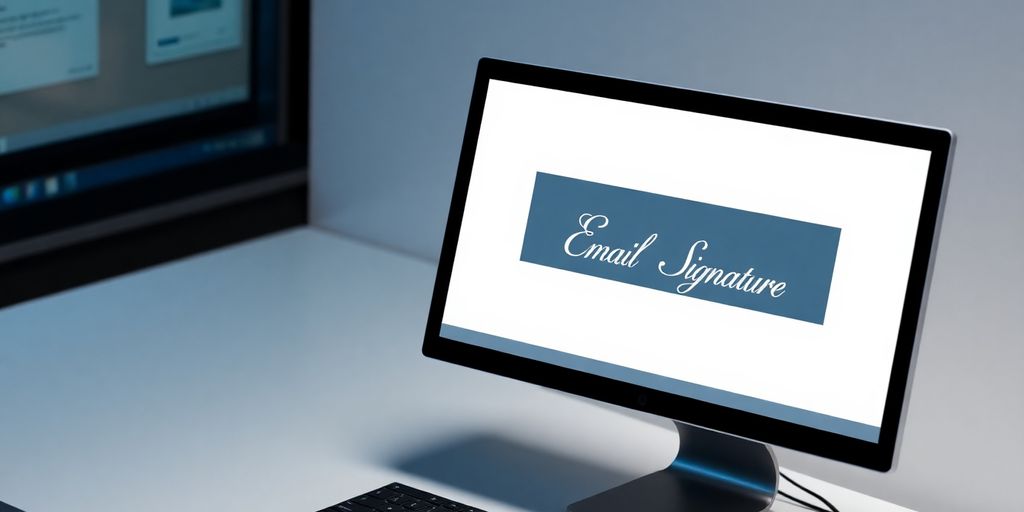 Modern workspace with a digital email signature design.