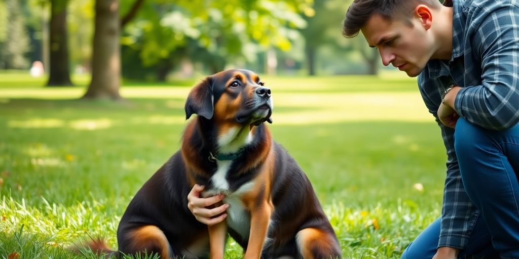 Dog and owner in park, dog sitting and unresponsive.