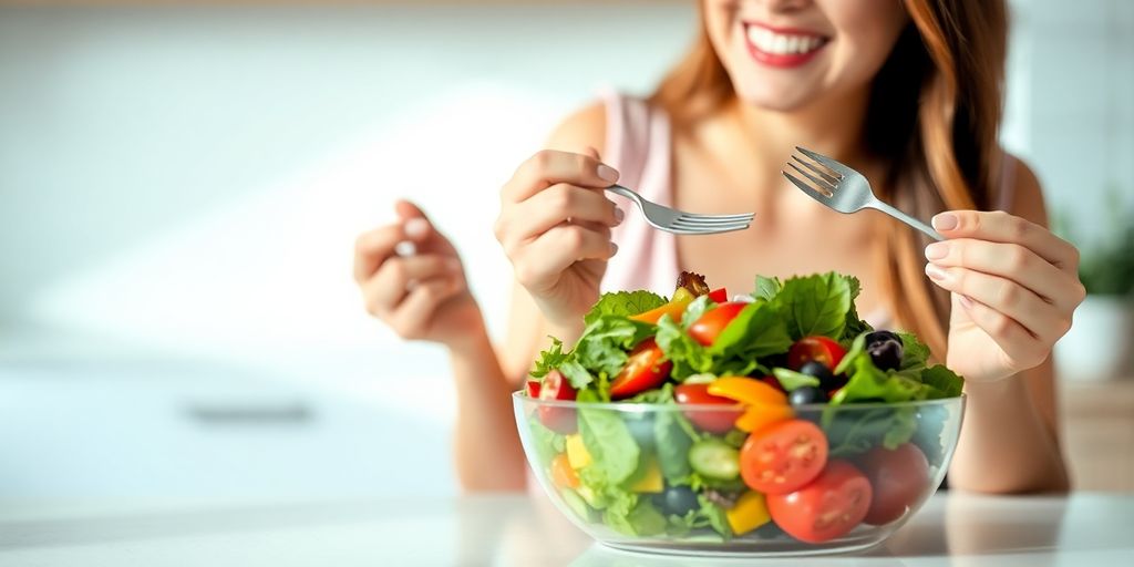 Woman smiling, holding a healthy salad.