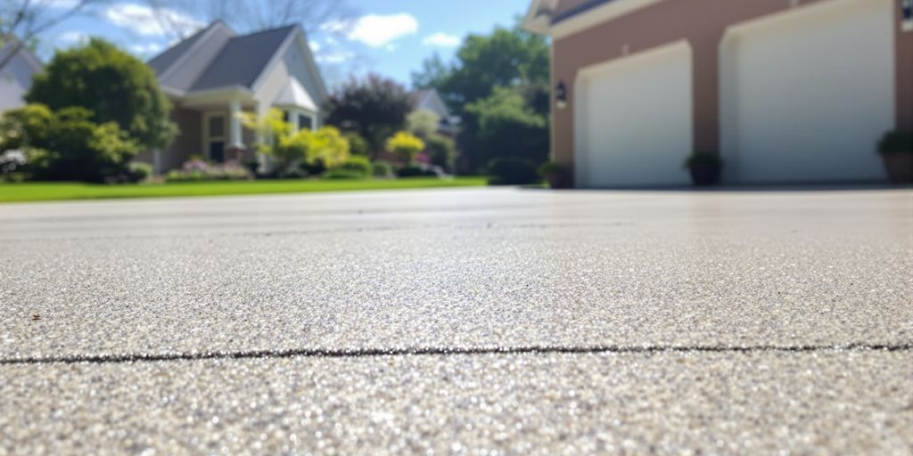 A clean concrete driveway on a sunny day.