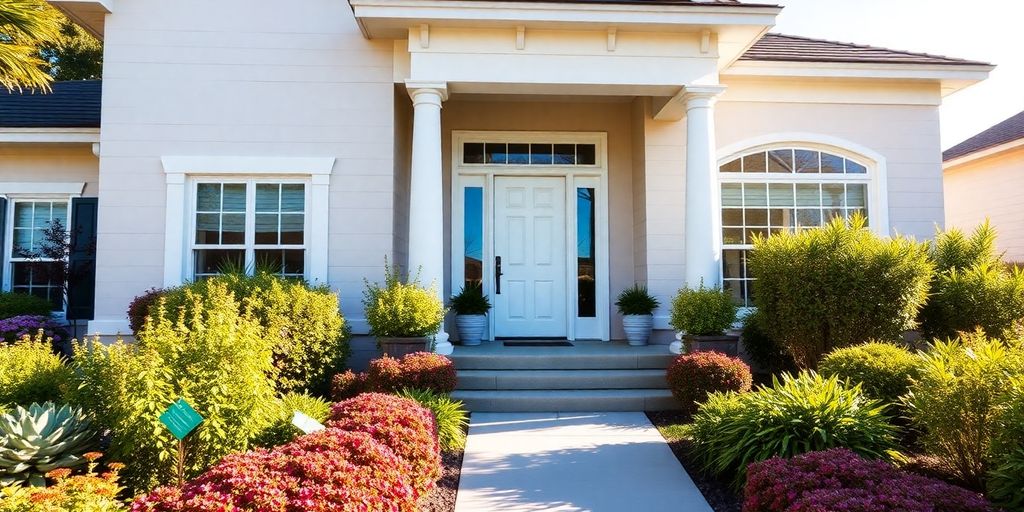 Remodeled house exterior with vibrant landscaping.