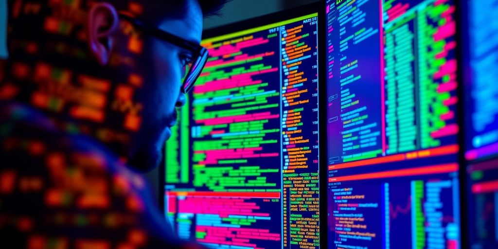 Cybersecurity expert examining digital data on multiple screens.