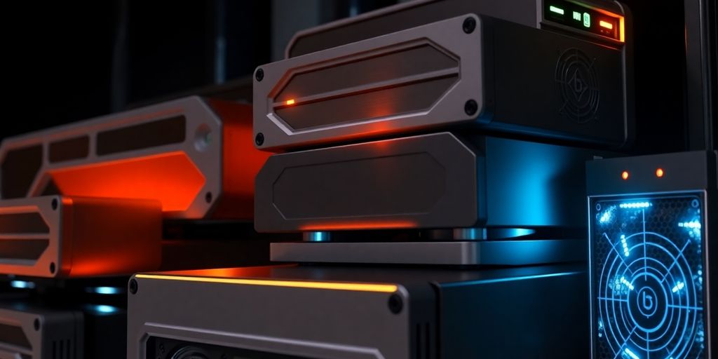 ASIC mining hardware with glowing lights.