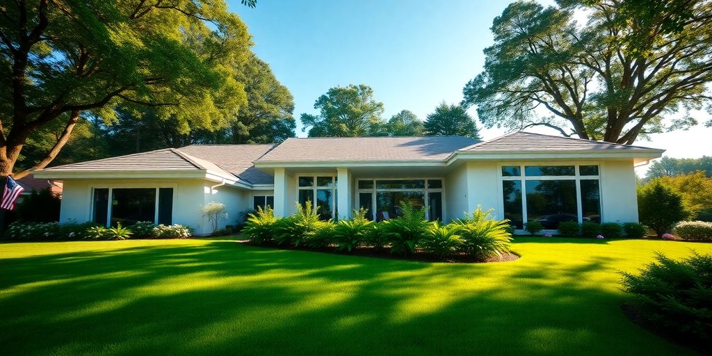 Modern custom home, green landscaping, bright sky.