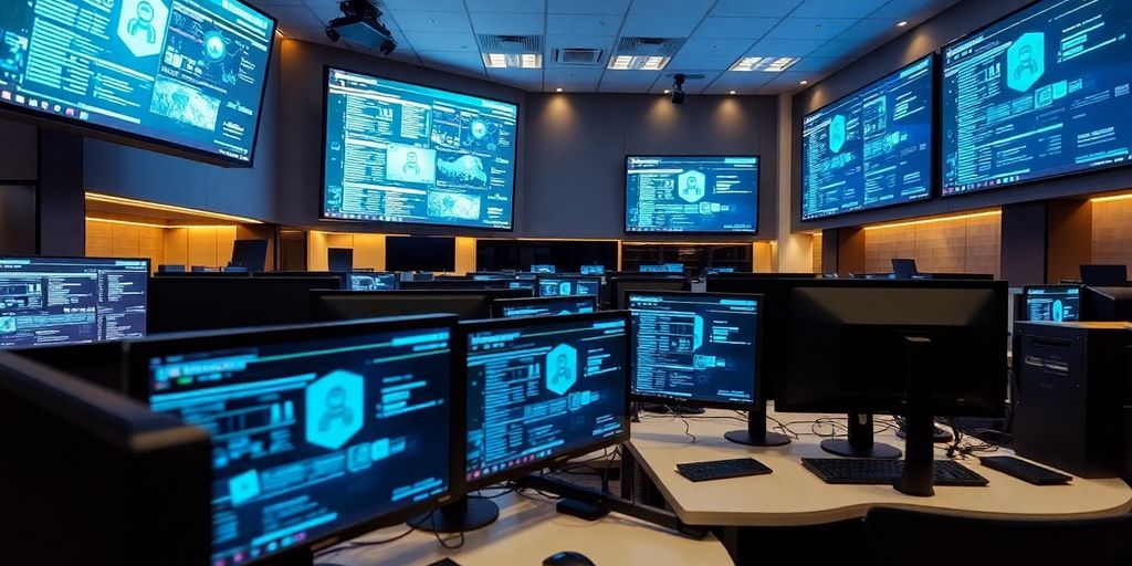 Interior of a modern security operations centre with screens.