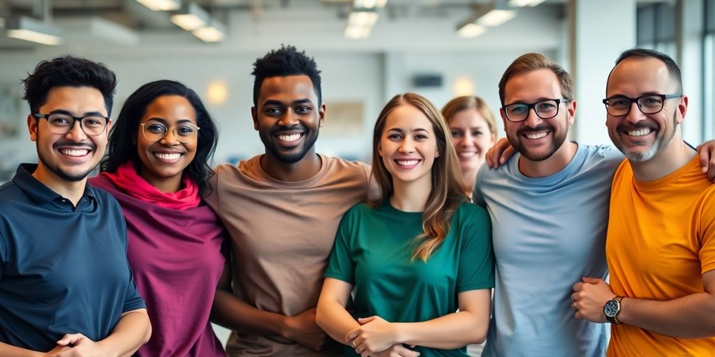 Team members in custom apparel, colorful, vibrant.