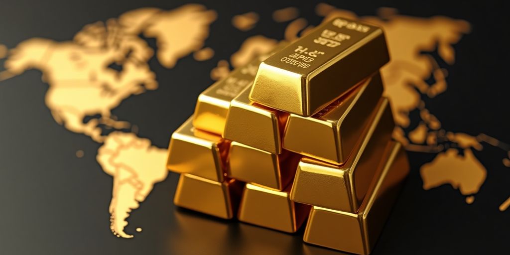 Des barres d'or brillantes sur une carte du monde.