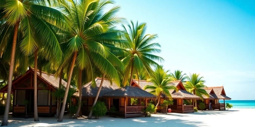 Bungalows nestled among palm trees by beach