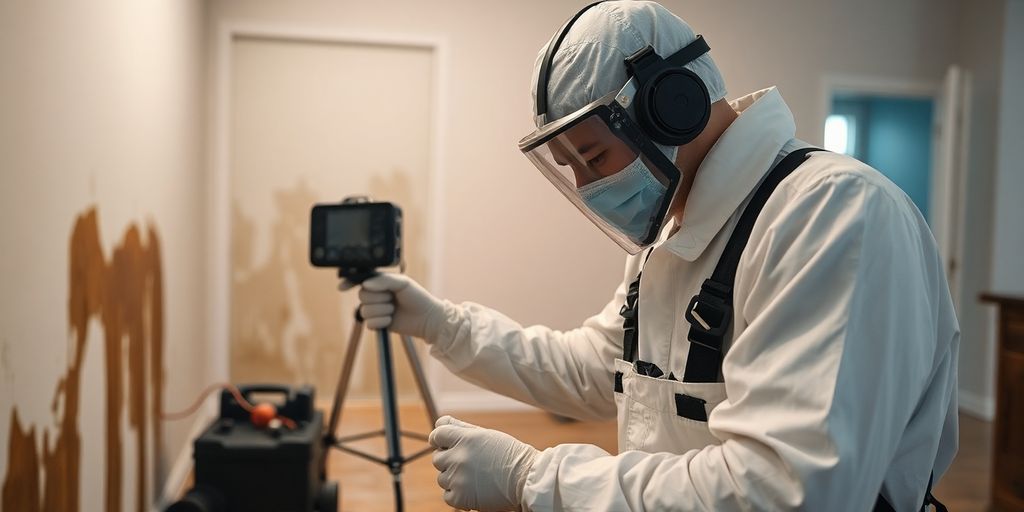 Technician assessing water damage in a home.