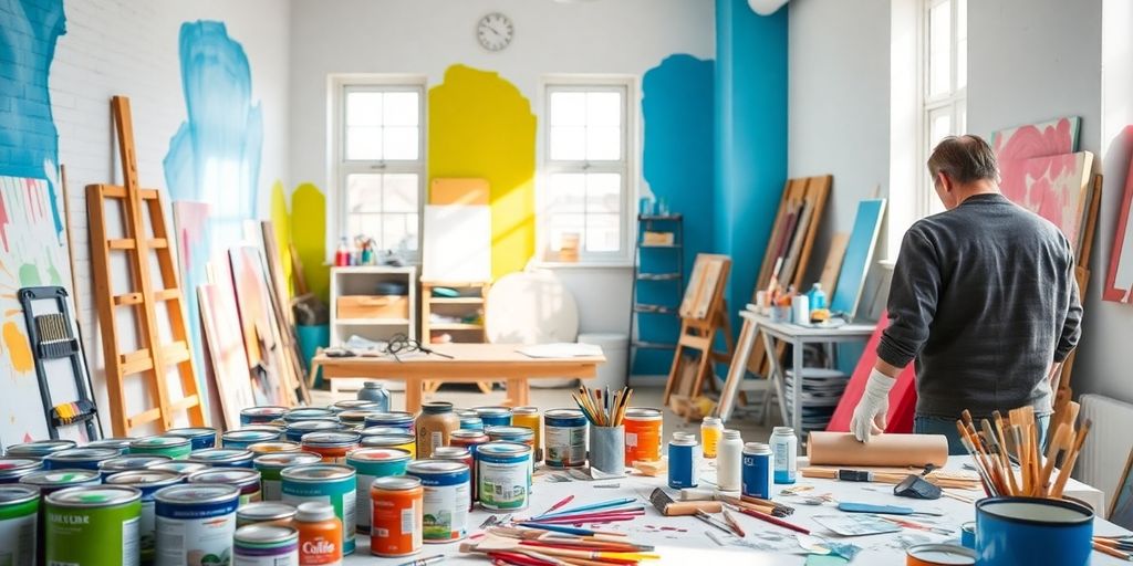 Malerwerkstatt mit Farben und Werkzeugen in Kiel.