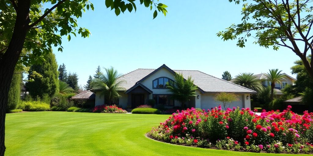 Maison moderne avec jardin fleuri et ciel bleu.