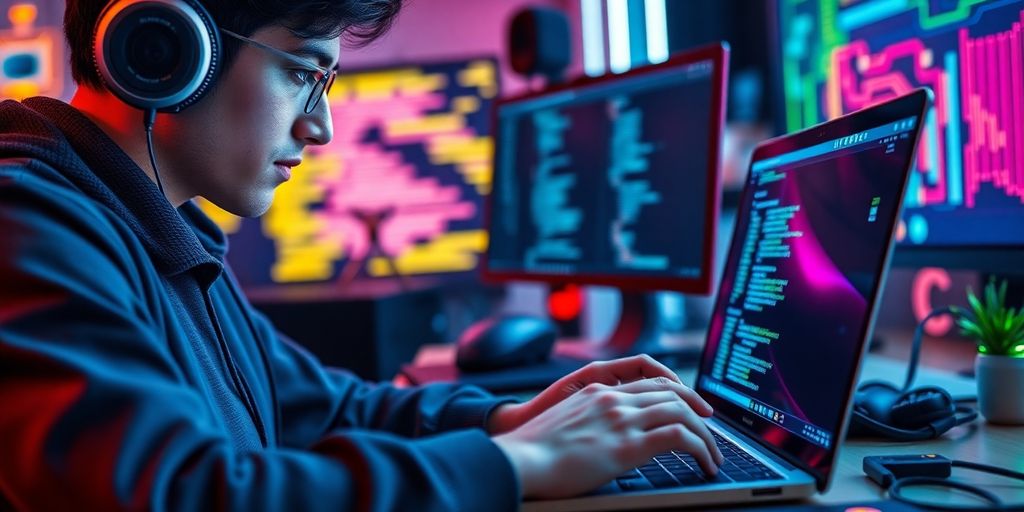 Developer coding on laptop in a modern workspace.