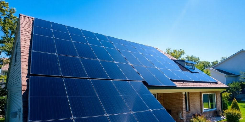 Solar panels on a suburban house roof.