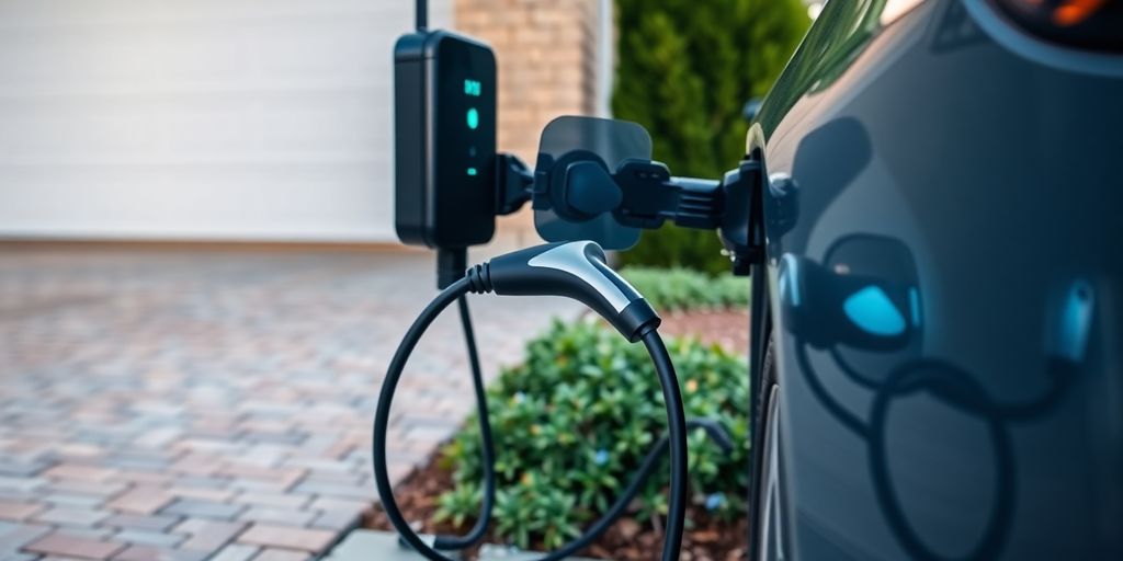 Electric vehicle charging at home with modern charger.