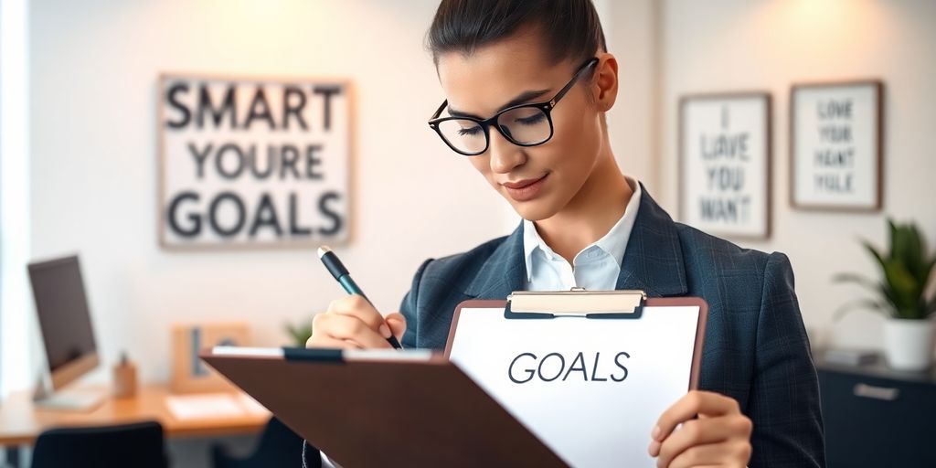 Real estate agent writing goals in a modern office.