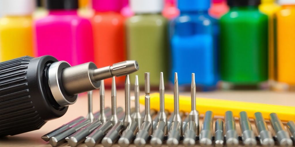 Nail drill and colorful nail polish bottles.