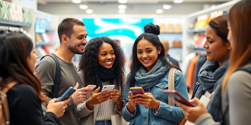 Shoppers discussing reviews in a retail store setting.