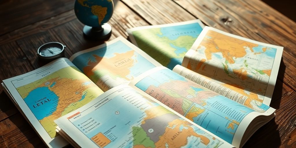 Open travel guides on a rustic wooden table