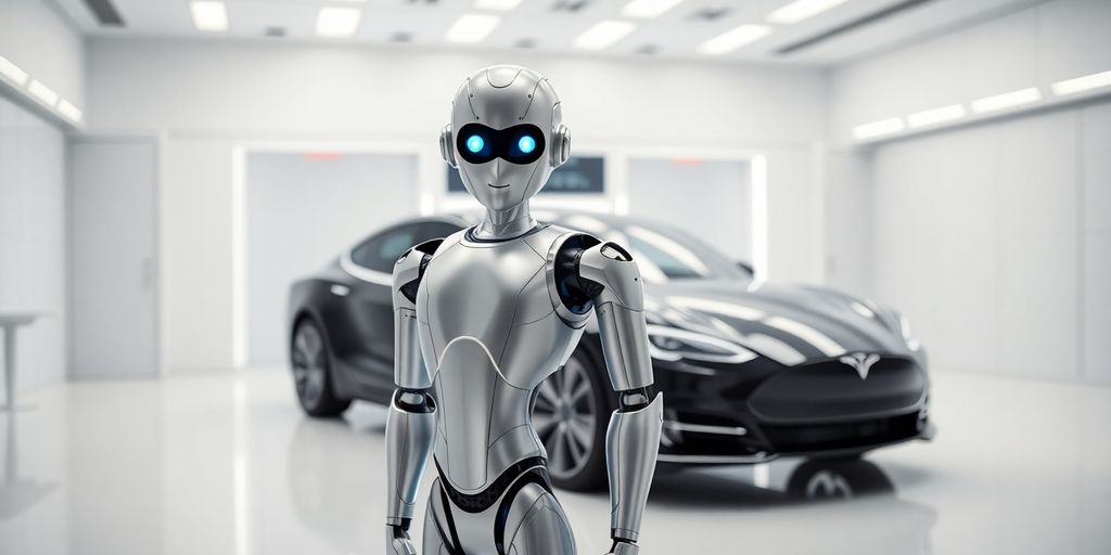 Robô humanoide e carro Tesla em um laboratório futurista.