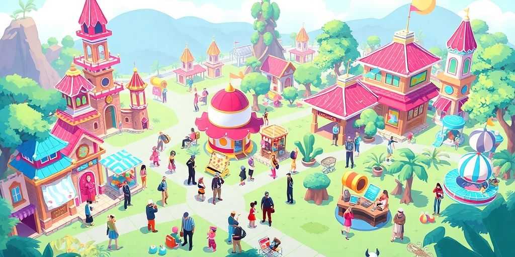 Colorful avatars in a virtual marketplace in decentraland.