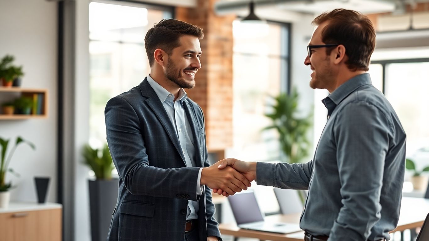 Consultant and business owner shaking hands in office
