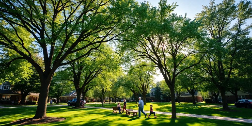 Community park with healthy trees and families enjoying nature.