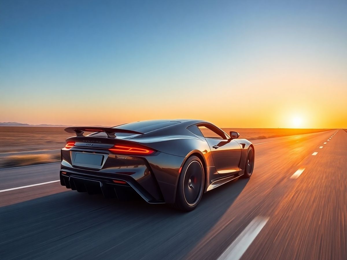Auto con motore V8 su strada al tramonto.
