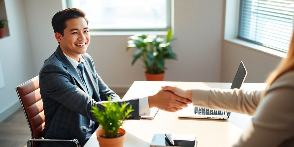 Young human resources assistant in office shaking hands with candidate